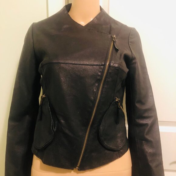 ANTHROPOLOGIE UK ELEVENSES Asymmetrical Zipper Black Leather Moto Jacket Sz S - Picture 3 of 9